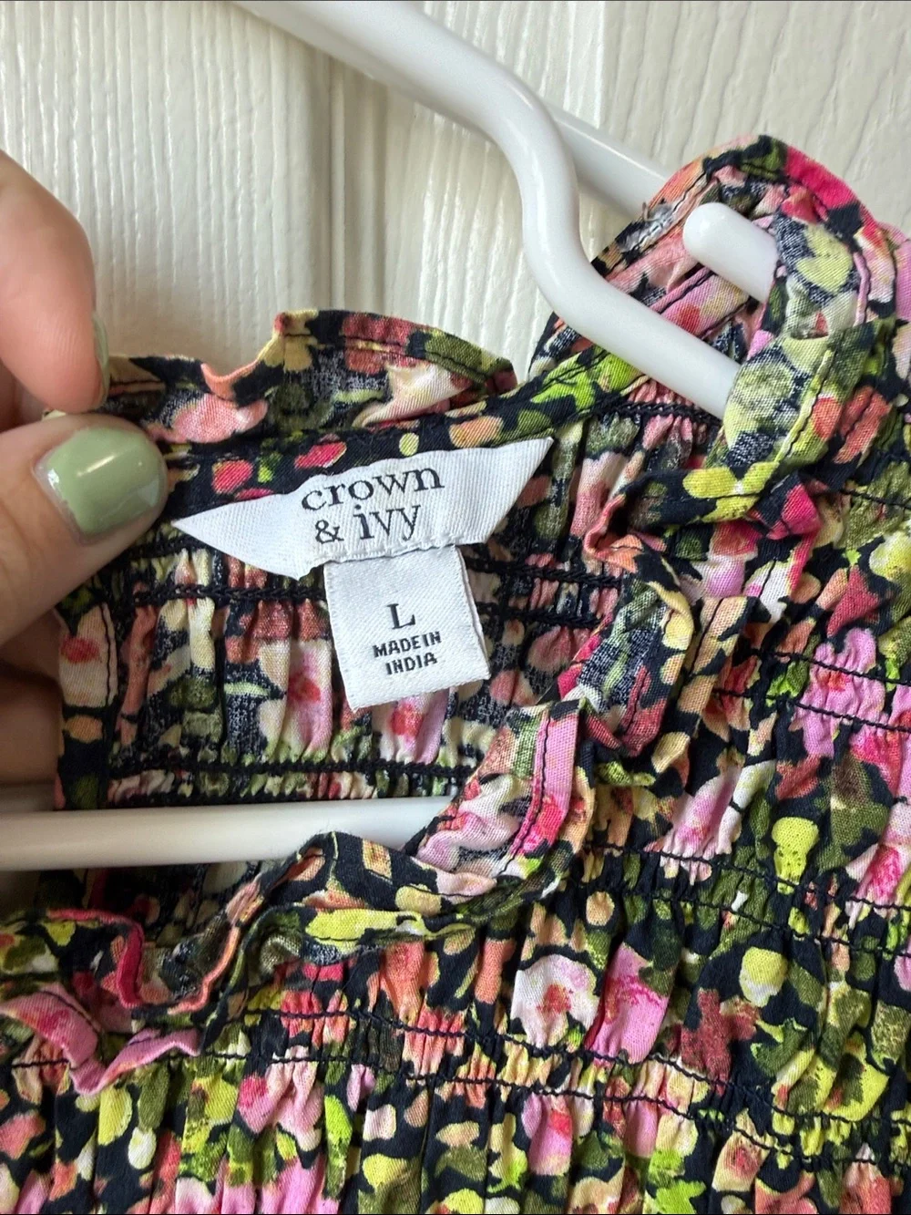 Smocked Floral Midi Dress in Pink & Green - Picture 2 of 3